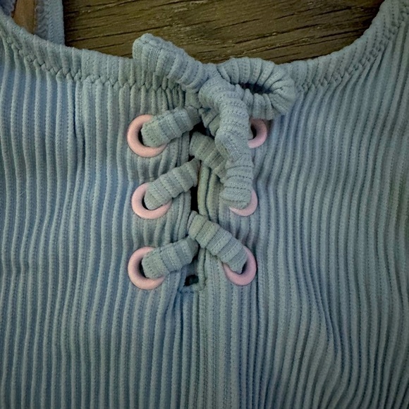 J. Crew Crew Cuts Toddler Girls 3T Light Blue Swimsuit one piece Lace-Up Front - Picture 2 of 5
